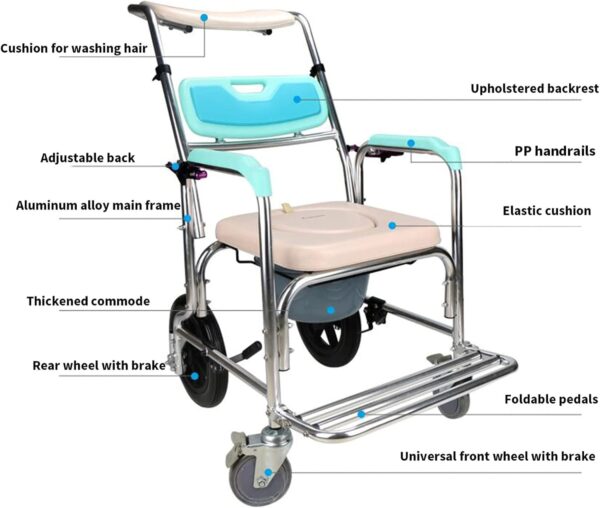 Commode Chair, with Wheeled Toilet Chair/Wheelchair Shower Transport Chair/Bathroom Bath Stool, Adjustable Backrest Angle Shampoo Bathroom Toilet Chair Wash Wheelchair Seat - Image 3
