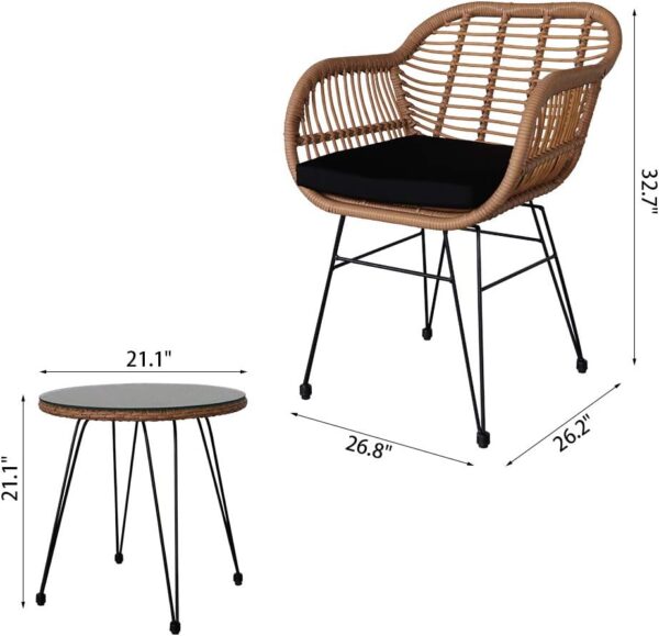 Rattan Bistro Set - 3 Pieces Patio Balcony Bistro Set, Patio Furniture Lounge Outdoor Table Chairs Garden Furniture Wicker Cushion Glass Plate - Image 4