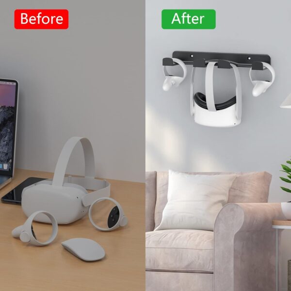 HomeMount VR Wall Mount for Oculus Quest 2/Rift, Valve Index, HTC Vive, PSVR - Space-Saving Headset & Controller Hanger with Rounded Corners (Black) - Image 3