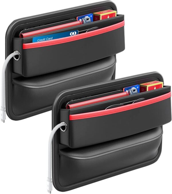 Yumzeco Car Seat Gap Filler, 2PCS Car Front Seat Side Gap Storage Organizer. Seat Gap Filler with PU Leather Storage Organizer. Car Seat Crevice Slit Pockets for Phones,Cards and Keys（Black&Red） - Image 2