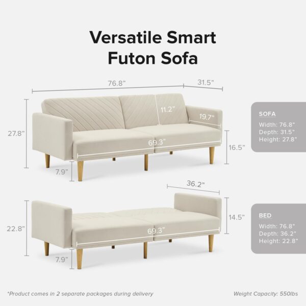 mopio 76.8" Futon Sofa Bed, Small Couch, Sleeper, Loveseat, Mid Century Modern Futon Couch, Sofa Cama, Couches for Living Room (Snow Velvet) - Image 3