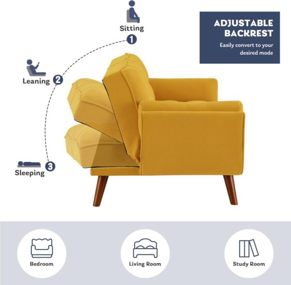 Fangflower Bed Yellow Velvet Sofa, Adjustable Backrest Convertible Sleeper Futon Loveseat with Tapered Wood Legs for Living Room, Bedroom, Apartment Lounge, Garage - Image 6