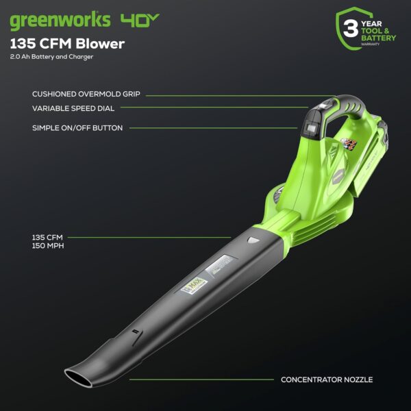 Greenworks 24252 G-Max 40V 150 Mph Variable Speed Cordless Blower, (2Ah) Battery And Charger Included - Image 3