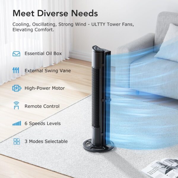 U ULTTY Tower Fan, 10m/s Quiet Cooling Fan with Remote, Bladeless Fan with 6 Speeds, Oscillating, 3 Wind Modes, 15H Timer, Essential Oil Box, 102cm Standing Fans for Bedroom Home Office - Image 3