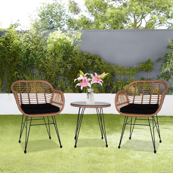 Rattan Bistro Set - 3 Pieces Patio Balcony Bistro Set, Patio Furniture Lounge Outdoor Table Chairs Garden Furniture Wicker Cushion Glass Plate - Image 9