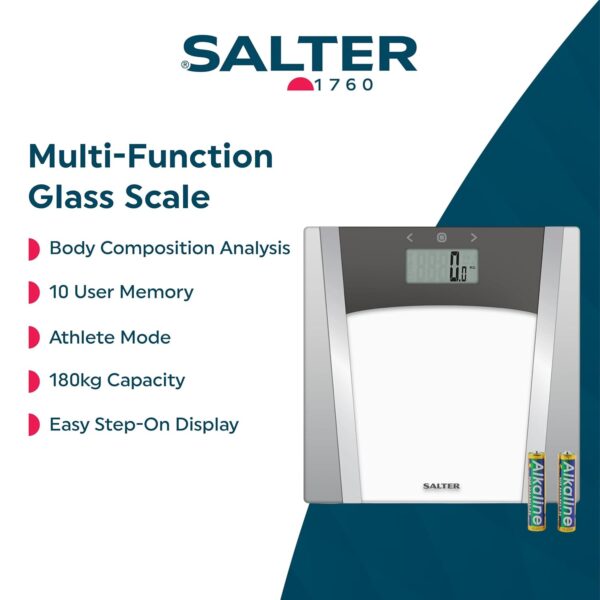 Salter 9127 SVSV3R Glass Analyser Bathroom Scale – 180KG Electronic Body Weight Scale, Measures Body Fat, Body Water, Muscle Mass, Bone Mass, BMI and BMR, 10 User Memory, Step-On, Batteries Included - Image 3