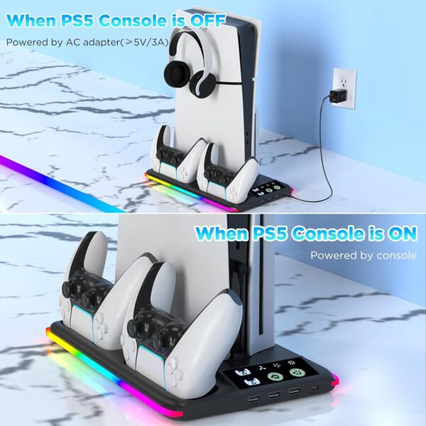 Aceshop PS5 Stand With Cooling Fan, Vertical Stand for PS5 Slim (Disc & Digital Edition) Cooling Station With Dual Controller Chargers, RGB Light, 3 USB HUBs, Headset Holder (Black) - Image 7