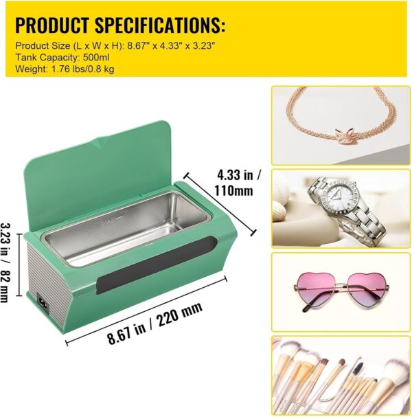EYESLA Mini Ultrasonic Cleane 500ml Portable Washing Machine Ultrasound Bath Sonic Cleaning Devices for Glasses Home Appliances (Color : Groen, Size : 1) - Image 7