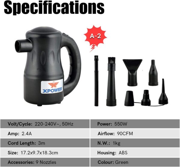XPOWER Cyber Duster Electric Air Duster for Dusting Drying Inflating Blowing Car Detailing Computer Maintenance Leaf Blowing High Performance Motor Eco-Friendly (Black, A-2) - Image 8