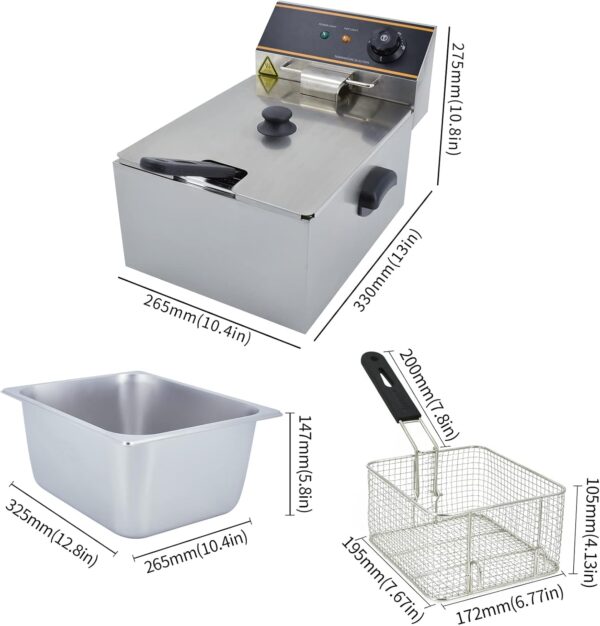 Electric Deep Fryer 6L 3000W Countertop Stainless Steel Single Tank with Lids&Basket Home, Restaurant Use - Image 3