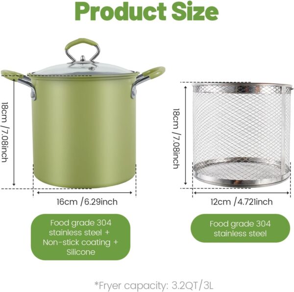 Deep Fryer Pot with Strainer Basket and Lid, 3L Stainless Steel Deep Fryer Pan with Handle, Multipurpose Cooking Pot, Bacon Grease Container for Frying Fish Shrimp Chicken Fries - Image 3