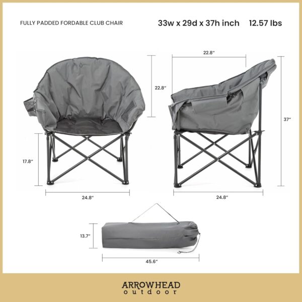 ARROWHEAD OUTDOOR Oversized Heavy-Duty Club Folding Camping Chair w/External Pocket, Cup Holder, Portable, Padded, Moon, Round, Saucer, Supports 330lbs, Carrying Bag, USA-Based Support - Image 4