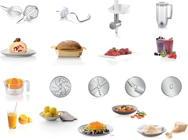 Bosch CreationLine 7 in 1 Stand Mixer MUM58259GB with 11 accessories, 7 Speeds, dough hook, whisk, beater, blender, juicer, mincer, shredder, 1000W, White/Silver - Image 12