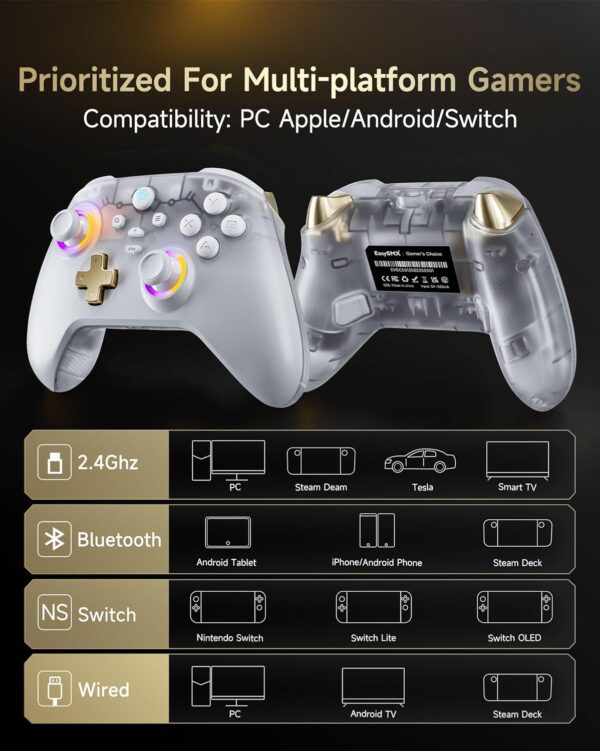 AKNES EasySMX D05 Wireless Gaming Controller with Charging Dock for PC/Switch/iOS/Android,Hall Effect Joystick & Triggers,2 Programmable Back Buttons,1000Hz Polling Rate,Adjustable RGB Lighting-White - Image 3