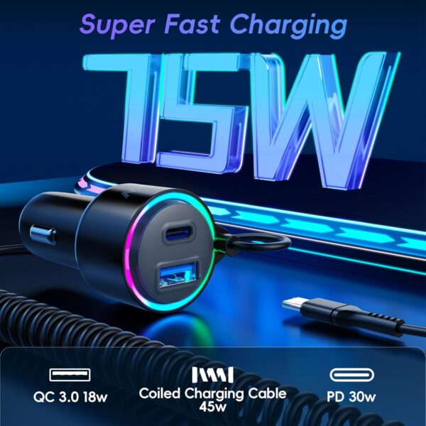 USB C Car Charger,75W Fast Car Charger with USB C Coiled Cable+USB A+C Port,Car Phone Charger USB C Adapter Support PD+QC3.0+PPS Fast Charge,Car Cigarette Lighter USB Charger for iPhone 16/15/Samsung - Image 3