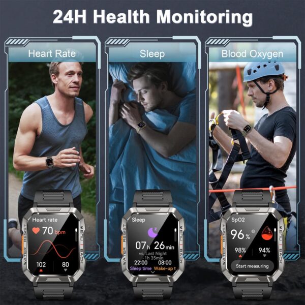 Smartwatch Men Military, 100 Days Battery Life/LED Flashlight/Compass/2 Wristbands/IP68 Waterproof, 100+ Sports Modes Sports Watch, Make/Receive Calls Smartwatch Outdoor Fitness Watch for Android iOS - Image 6
