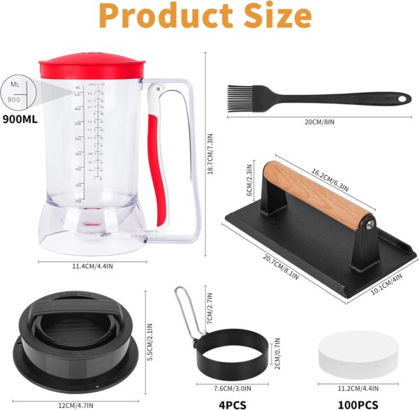 Blackstone Breakfast Kit Pancake Batter Dispenser 9PCS Griddle Accessories Set - Included Pancake Batter Dispenser Bacon Press Egg Rings Hamburger Press Patty Maker Brush and Oil Separating Paper - Image 3