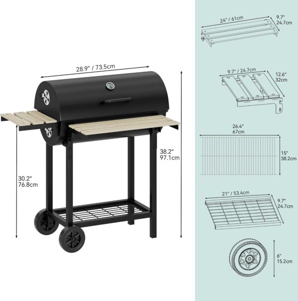 YITAHOME L Charcoal Smoker BBQ, Portable Barbecue Grill with Height Adjustable Charcoal Tray & Temperature Gauge for Party, Camping, Patio, Garden, Comes with Kitchen Tong - Image 7