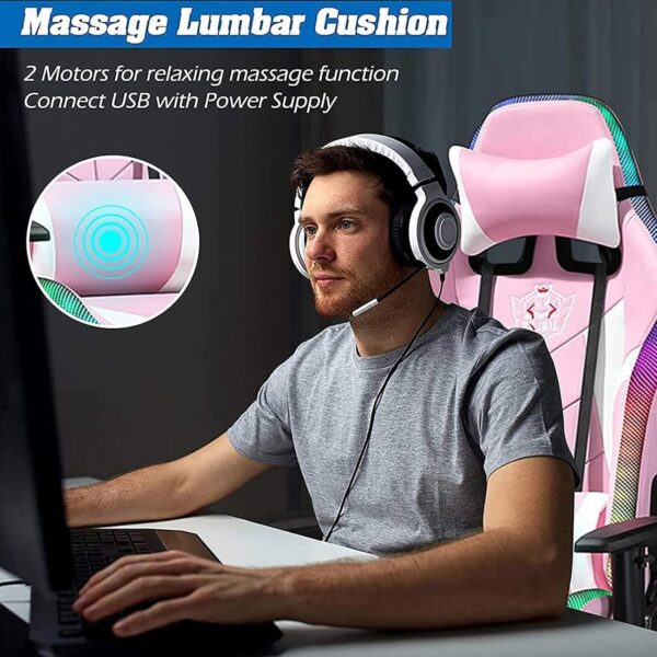 Bluetooth Gaming Chair - Ergonomic Video Chair with Speakers, LED Light, Footrest, Headrest, and Lumbar Pillow for Office and Gaming Comfort - Image 5