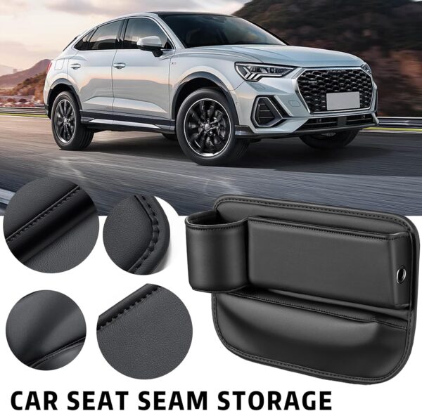 Car Seat Gap Filler Organizer, Car Leather Cup Holder Gap Bag, 2 in 1 Front Seat Gap Filler & Storage Box with Cup Holder & Data Cable Hole, Car Seat Gap Storage Box for Glasses Phones Keys and Cards - Image 5