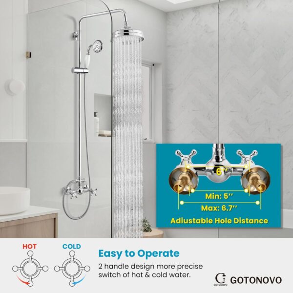 gotonovo Luxury Exposed Shower Faucet Set Bathroom Shower System 8 Inch Wall Mount Rainfall Shower Head with Handheld Spray Cross Double Handle Shower Fixture Adjustable Straight Rod Polish Chrome - Image 3