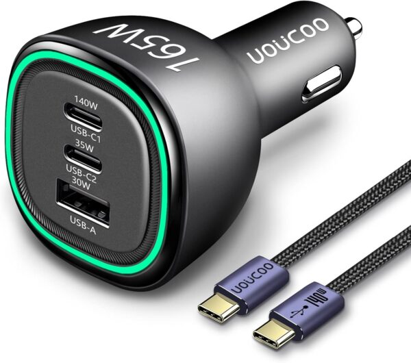 165W USB C Car Charger Fast Charging,UOUCOO Type C Car Charger PD3.1 140W PD3.0 100W Super Car Phone Charger Fast Charge Adapter for i Phone15Pro Samsung S22 S21 iPad M acBook pro Laptop Steam Deck - Image 2