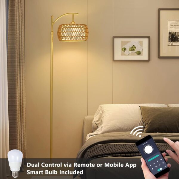 Rayofly Rattan Floor Lamp with Remote Control, Gold Floor Lamp with Dimmable LED Bulb & Foot Switch, Boho Standing Lamp with Double Shades, Modern Floor Lamp for Living Room, Tall Lamp for Bedroom - Image 4