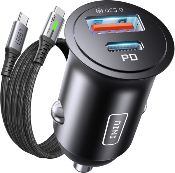INIU Car Charger, Cigarette Lighter USB Charger Total 60W [C 30W+A 30W], 12V USB Socket, [1m] 100W PD3.0 Type C Cable Fast Charge, Car Phone Charge Adapter for iPhone 16 Pro Max iPad Samsung Laptops - Image 2