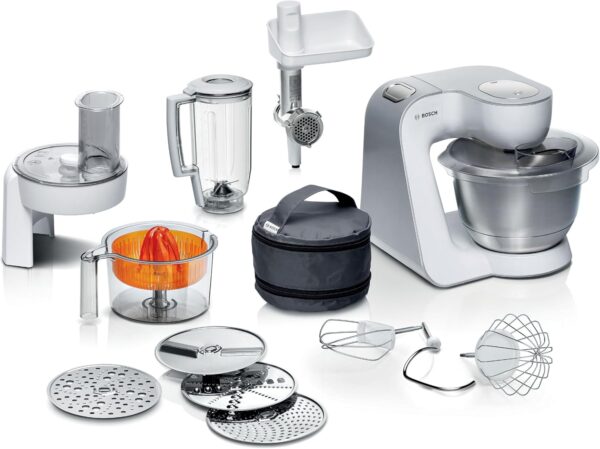 Bosch CreationLine 7 in 1 Stand Mixer MUM58259GB with 11 accessories, 7 Speeds, dough hook, whisk, beater, blender, juicer, mincer, shredder, 1000W, White/Silver - Image 2