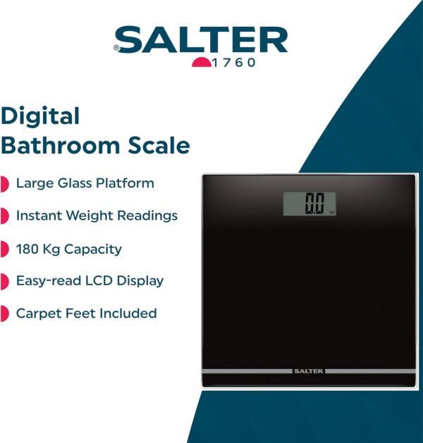 Salter 9205 BK3R Digital Bathroom Scale – Large Display Electronic Weighing Scales For Body Weight, Toughened Glass Platform, Lightweight, Instant Readings, Carpet Feet & Batteries Included, Black - Image 3