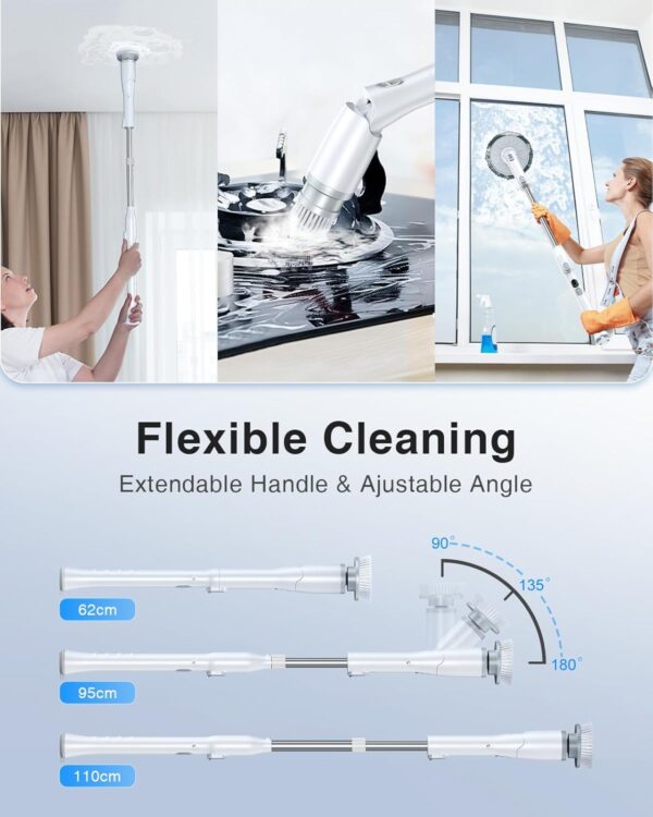 LABIGO Electric Spin Scrubber LA3 Pro, Cordless Bathroom with 5 Replacement Head, 3 Adjustable Angle, Household Power Cleaning Brush Extension Arm, White, (KS-2639) - Image 8