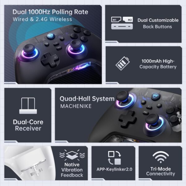 Machenike G3V2 Bluetooth Gaming Controller With Hall Effect Joysticks & Triggers, Remappable Buttons, 1000Hz Gamepad with Charging Dock, Dual Vibration - for PC/Switch/iOS/Android, RGB, Black PE - Image 3