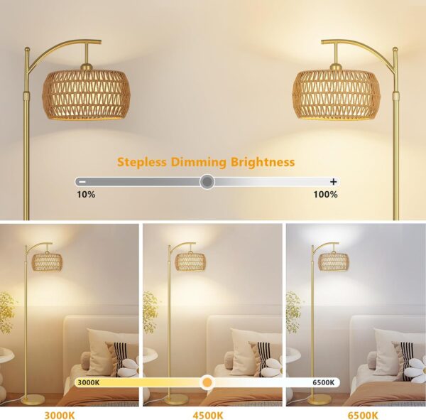 Rayofly Rattan Floor Lamp with Remote Control, Gold Floor Lamp with Dimmable LED Bulb & Foot Switch, Boho Standing Lamp with Double Shades, Modern Floor Lamp for Living Room, Tall Lamp for Bedroom - Image 3
