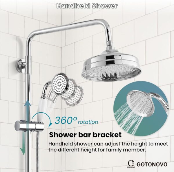 gotonovo Luxury Exposed Shower Faucet Set Bathroom Shower System 8 Inch Wall Mount Rainfall Shower Head with Handheld Spray Cross Double Handle Shower Fixture Adjustable Straight Rod Polish Chrome - Image 8