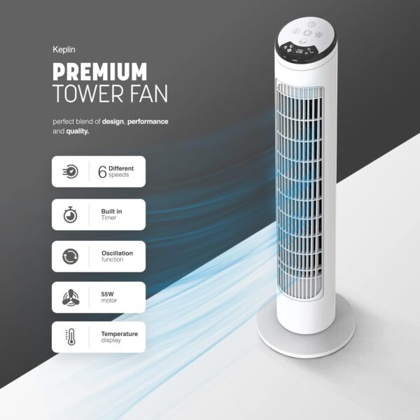 KEPLIN 55W 29-Inch 90 Degree Oscillating Tower Fan with Remote Control, Powerful Wind, 6 Speeds, 3 Modes, Temperature Display & 12 hour Timer, Perfect fans for Home & Office Made with Quiet Operation - Image 4