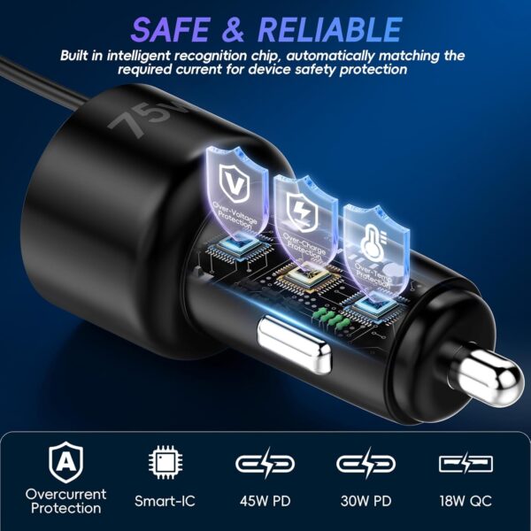 USB C Car Charger,75W Fast Car Charger with USB C Coiled Cable+USB A+C Port,Car Phone Charger USB C Adapter Support PD+QC3.0+PPS Fast Charge,Car Cigarette Lighter USB Charger for iPhone 16/15/Samsung - Image 6