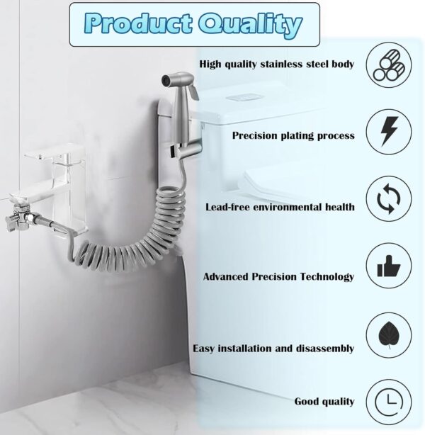 Bidet Shower Kit, Stainless Steel Bidet Hand Shower for Bidet Toilet Shower with 2 Way Shower Diverter, 1.5m Spring Hose and Hand Shower Holder - Image 5