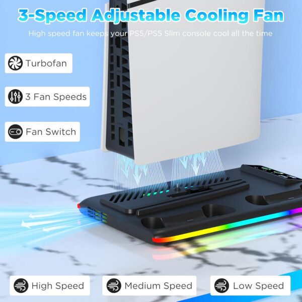 Aceshop PS5 Stand With Cooling Fan, Vertical Stand for PS5 Slim (Disc & Digital Edition) Cooling Station With Dual Controller Chargers, RGB Light, 3 USB HUBs, Headset Holder (Black) - Image 5