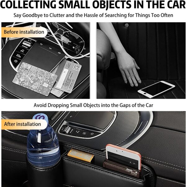 Car Seat Gap Filler Organizer, Car Leather Cup Holder Gap Bag, 2 in 1 Front Seat Gap Filler & Storage Box with Cup Holder & Data Cable Hole, Car Seat Gap Storage Box for Glasses Phones Keys and Cards - Image 3