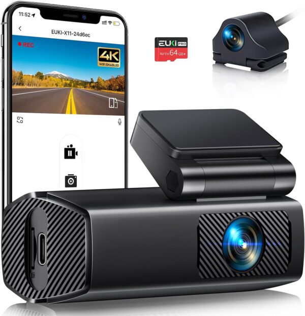 EUKI 4K Dash Cam Front and Rear with WiFi, Dual Dashcam, Car Camera with Parking Monitor, Night Vision, WDR, G-Sensor, Loop Recording, App Control,24 hour Parking Mode, 64GB SD Card Included - Image 2