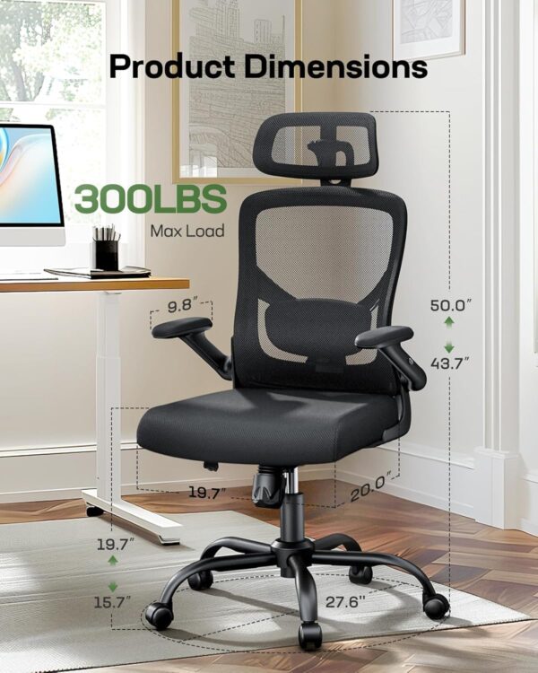 Marsail Ergonomic Mesh Office Chair High Back Desk Chair Adjustable Lumbar Support with Headrest Flip-Up Liftable Arms Swivel Computer Task Chair, Black - Image 3
