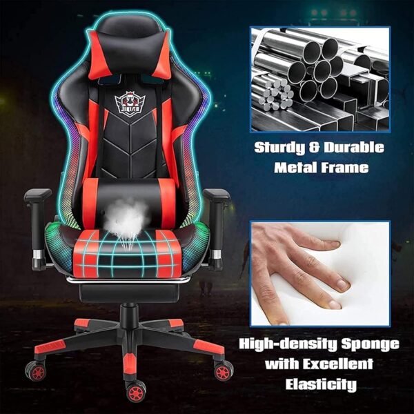 Bluetooth Gaming Chair - Ergonomic Video Chair with Speakers, LED Light, Footrest, Headrest, and Lumbar Pillow for Office and Gaming Comfort - Image 6