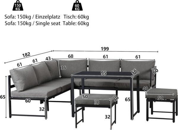 Patio Set for 6-7 People - Outdoor Corner Sofa with Adjustable Backrest, 5-Piece Garden Furniture Set, Glass Coffee Table, Cushions, 2 Sofa Stools, Grey - Image 3