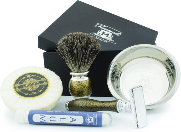 Haryali London Mens Shaving Kit, 5pc Shaving Brush Set, Gold Antique, Grooming Set, Badger Hair Shaving Brush, Double Edge Safety Razor, Shaving Soap and Stainless Steel Bowl, Aftershave Alum Stick - Image 2