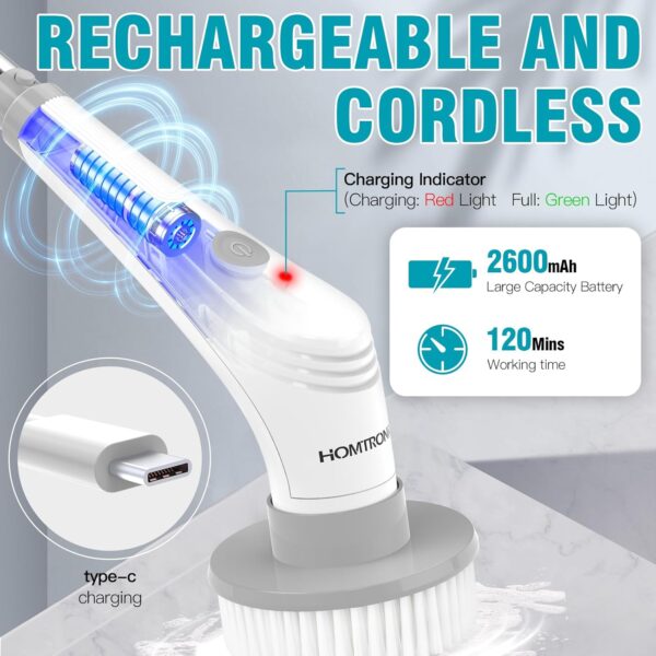 Homtronics Electric Spin Scrubber, [IPX8 Waterproof] 15 IN 1 Cordless Electric Cleaning Brush with 10 Replaceable Brush Heads, 120cm Adjustable Handle Power Scrubber for Bathroom, Floor, Kitchen, Car - Image 6