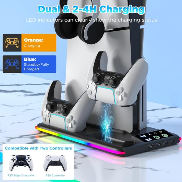Aceshop PS5 Stand With Cooling Fan, Vertical Stand for PS5 Slim (Disc & Digital Edition) Cooling Station With Dual Controller Chargers, RGB Light, 3 USB HUBs, Headset Holder (Black) - Image 6