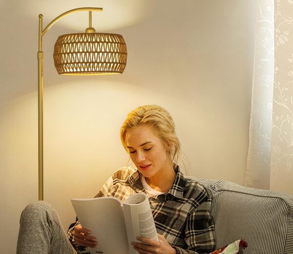 Rayofly Rattan Floor Lamp with Remote Control, Gold Floor Lamp with Dimmable LED Bulb & Foot Switch, Boho Standing Lamp with Double Shades, Modern Floor Lamp for Living Room, Tall Lamp for Bedroom - Image 10