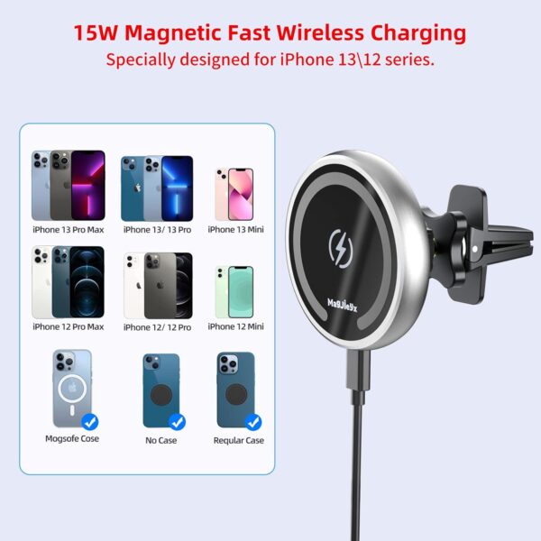 MAGJIEYX for Magnetic Magsafe Car Charger Mount, Wireless 15W Fast Charging Phone Holder Compatible with iPhone 15,14 Pro Max,13,Plus 12, Mini,MagSafe Case,Stick On Dashboard and Air Vent (Silver) - Image 3