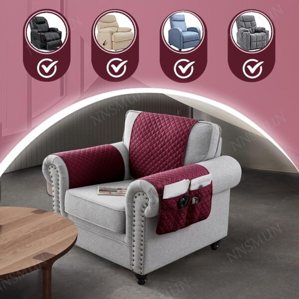 NNSMUN Sofa Armrest Cover 3/4/5Pcs, Waterproof and Nonslip Armchair Covers for Arms Headrest, Sofa Slipcover with Side Pocket, Quilted Protector for Pets Leather Couch (Wine Red,1 Seater(3pcs)) - Image 8