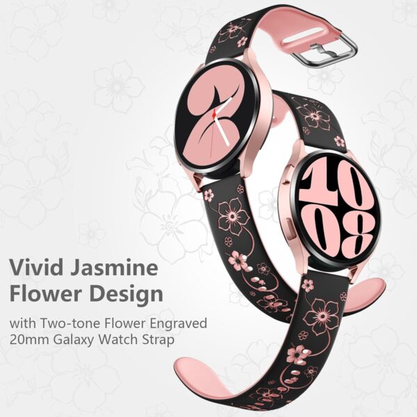 Mastten 20mm Flowers Engraved Strap Compatible with Samsung Galaxy Watch 7 6 5 4 Strap 40mm 44mm, Galaxy Watch FE / 6 4 Classic / 5 Pro/Watch 3 41mm / Active 2, Soft Silicone Sport Band for Women - Image 5